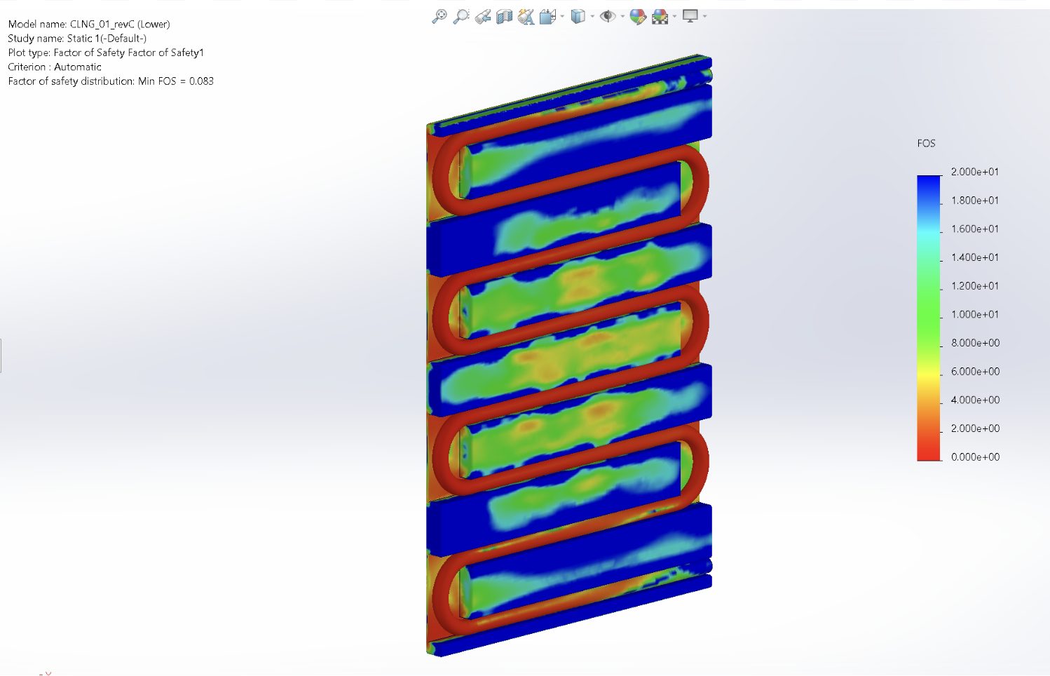 Cooling-plate structural factor-of-safety study; minimum shown is 0.083 in this simulation, indicating a configuration requiring redesign or verification